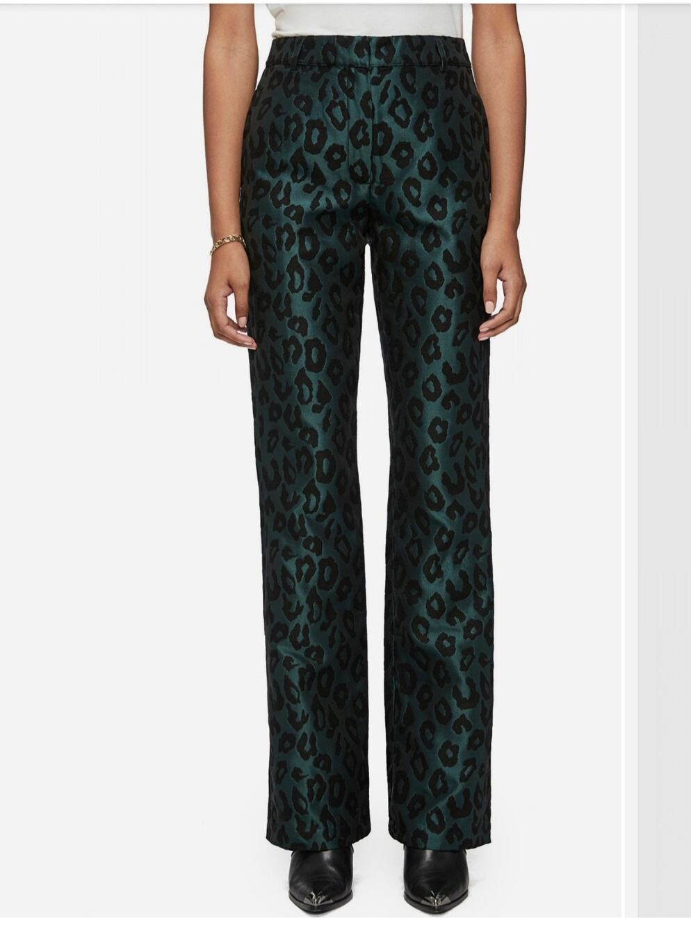 Anine Bing Emerald Green Jacquard Leopard Cindy High Rise Ankle Pants, Size XS